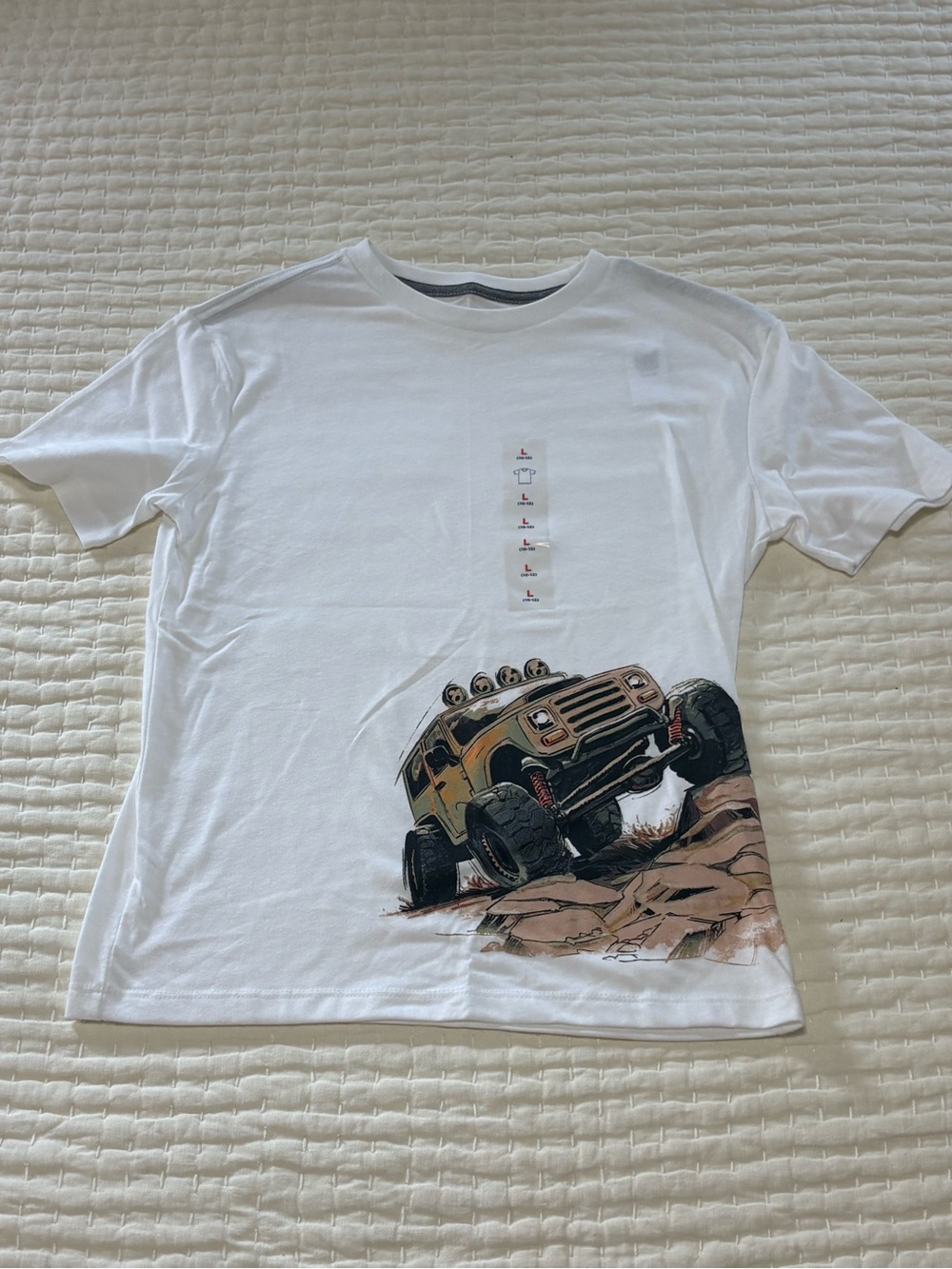 Old Navy White Tee with Yellow & Black Off-Road Truck Graphic